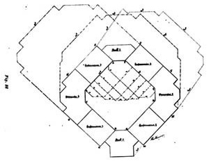 Diagrama de insolação e projeção de sombras em dois momentos (ALBUQUERQUE, 1916) - Diagrama apresentado em meados dos anos 1910, em estudo de Alexandre de Albuquerque para hospital em São Paulo