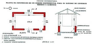 Planta e corte da construção de um cômodo experimental para os estudos de conforto térmico e luminoso - Cidade Universitária