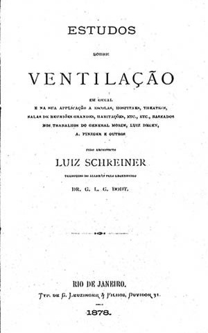 Página de rosto do livro: SCHREINER, Luiz. Estudos sobre ventilação em geral e na sua applicação (...). Rio de Janeiro, Typ. De Leuzinger, 1878
