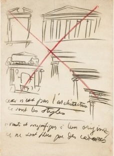 Le Corbusier (Charles-Édouard Jeanneret ). "Ceci n'est pas l'architecture" drawing from Buenos Aires Lecture. 1929. Charcoal and crayon on paper, 39 3/4 x 25 9/16" (101 x 65 cm). Gift of Agnes Gund in honor of Patricia Phelps de Cisneros 