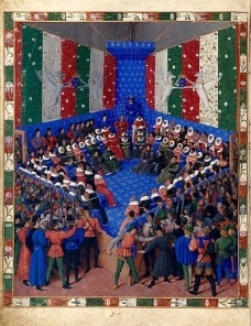 The Trial of the Duke of Alençon, Jean Fouquet, Tours, about 1459–60. From Concerning the Fates of Illustrious Men and Women (Des cas des nobles hommes et femmes; original text in Latin); Giovanni Boccaccio, author; Laurent de Premierfait, translator. The