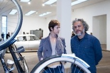 Tate curator Jessica Morgan and artist Gabriel Orozco in the artist's exhibition at Tate Modern