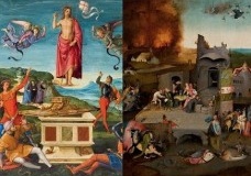 Detalhes das imagens: Rafael, Ressurreição de Cristo, 1499-1502 e Hieronymus Bosch, As tentações de Santo Antão, c. 1500