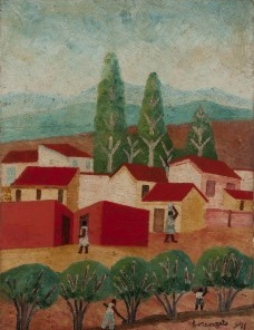 Casas e Árvores,Óleo sobre eucatex, 60 x 46cm, 1971.<br />Pintura de Amadeu Luciano Lorenzato 