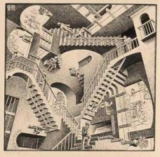 M.C. Escher “High and Low” litografia, 1947, 50.5 x 20.5 cm  [divulgação]