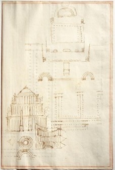 Andrea Palladio. Idealized reconstruction of the overall plan of the Temple of Fortune, Palestrina. c. 1570. London, RIBA British Architectural Library. VIII/11v 