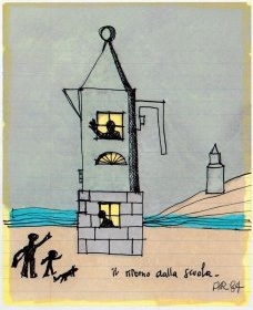 Drawing for espresso coffee maker la conica: the return from school, 1984<br />Design Aldo Rossi 