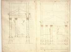 Andrea Palladio. Plan and elevation of a tetrastyle prostyle temple in the Corinthian order and the Temple of Minerva, Assisi. 1560s. London, RIBA British Architectural Library, XI/14r 