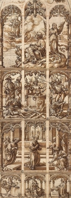 Jan Gossart (Netherlandish, ca. 1478–1532). Design for a Glass Window with Scenes from the Life of Saint John the Evangelist, ca. 1520s. Pen and brown ink, brown wash, red chalk, squared for transfer in black chalk. Gabinetto Disegni e Stampe degli Uffizi