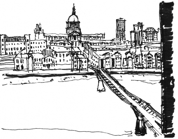 London, the windows of the Tate Modern: Saint Paul Cathedral and Millennium Bridge, September 2009