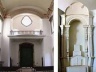 À esquerda, vista do coro com o piso refeito em estrutura metálica forrada em madeira, sem o paravento original (ver foto n. ) no nível inferior. á direita, maquete dos altares laterais propostos pelo arquiteto R. Meniconi