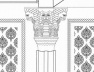 Pormenor da representação das carrancas dos capitéis com decoração cromática ao fundo, desenho do projeto de execução