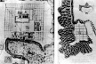 À esquerda, mapa de 1582 de Tentenango, Vila indígena no México. À direita, Cidade do Panamá, plano do século 17 [GUTIERREZ, Ramón. Arquitectura y urbanismo en Iberoamerica. Madrid, Arte Cátedra, 1992]