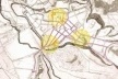 Desenho sobre cartas da capital de São Paulo de 1842, realizados por De Bem, 2002. Na colina histórica estão demarcados os edifícios aglutinadores dos traçados das ruas