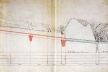 Fig. 2 - Detalhe de perfil do projeto de irrigação de Plegamans, do punho do próprio Gaudí. Notar as barragens subterrâneas, que seriam executadas em alvenaria de tijolos [Arquivo da Coroa de Aragon, Barcelona.]