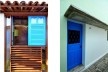 À esquerda, esquadrias azuis reaproveitadas em novo painel; à direita, marquise de concreto<br />Fotos Augusto Pessoa 