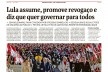 Manchetes de jornais brasileiros e estrangeiros no dia 2 de janeiro de 2023 destacam a posse de Lula ocorrida no dia anterior<br />Imagem divulgação  [Folha de S.Paulo]