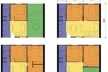 Plantas baixas das possibilidades de ampliação (amarelo – estar, laranja – dormitórios, azul – área molhada, verde – área aberta)<br />Imagem dos autores do projeto 