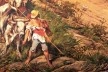 No canto esquerdo inferior da pintura, um trabalhador branco conduz carro de bois transportando toros de madeira. Pedro Américo, “Independência ou Morte” (detalhe), 1888<br />Imagem divulgação  [Museu Paulista da USP]