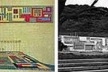 À esquerda, desenhos dos jardins laterais da casa e painel [Arquivos Escritório Roberto Burle Marx. À direita, painel e jardins]