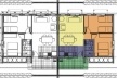 Planta baixa da unidade residencial – amarelo: estar; laranja: dormitórios; azul: área molhada; verde: área aberta<br />Imagem do autor do projeto 