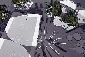 Vista aérea (conjunto de esculturas, edifícios e quadra poliesportiva)<br />Imagem do autor do projeto 