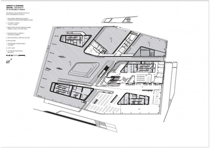 Library and Learning Centre, University of Economics & Business Vienna, plan intermediate level. Zaha Hadid Architects