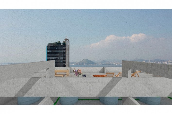 Proposta de apropriação para o Edifício Garagem do Carmo, terraço de área comum do edifício, Rio de Janeiro RJ Brasil, 2021. Arquiteta Maria Vitória Netto Martins<br />Elaboração Maria Vitória Netto Martins 