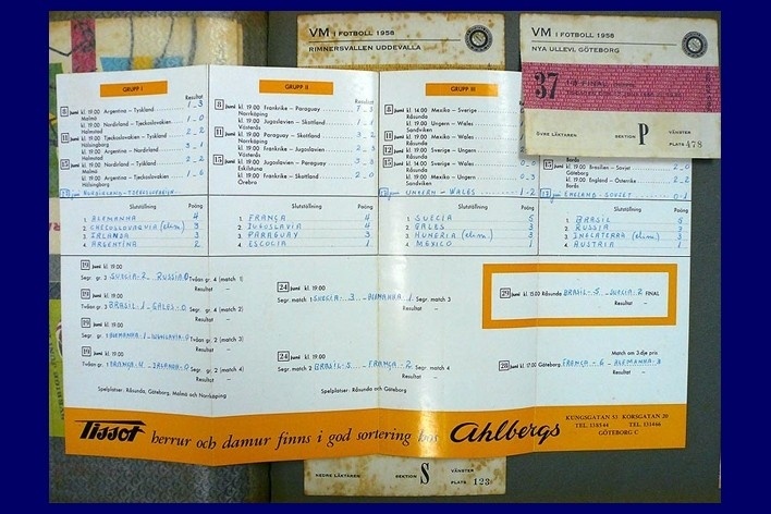 Calendário da Copa do Mundo da Suécia, em 1958, com resultados anotados [Acervo Naydina Aranha de Freitas]