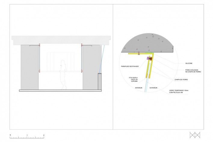 Corte transversal do salão escala 1:20 e detalhe de caixilho escala 1:2. MM18 Arquitetos