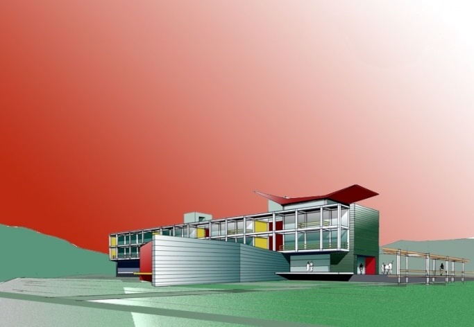 Campus Lagoa do Piau, diretoria – perspectiva fachada sul, Caratinga MG. Arquiteto Sylvio Emrich de Podestá, 2006<br />Desenho escritório 