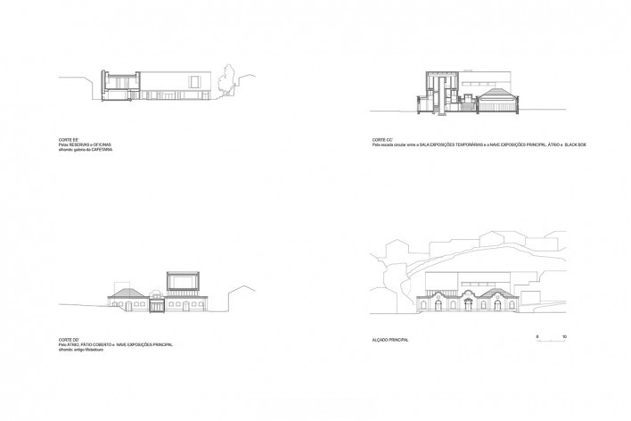 Centro de Artes do Carnaval — CAC, cortes CC, DD e EE e elevação principal, Torres Vedras, Portugal, 2021. Arquiteto José Neves<br />Imagem divulgação  [Atelier José Neves]