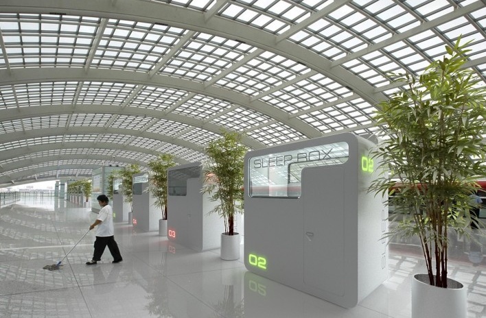 Simulação de como seria a instalação de Sleepbox no aeroporto de Beijing