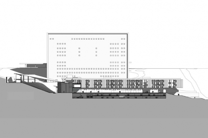 Complexo Teatro Castro Alves, elevação leste, Salvador, 2º lugar concurso. Emerson José Vidigal, Eron Danilo Costin, Rodrigo V. Martins e Dario Corrêa Durce, 2010<br />Desenho escritório 