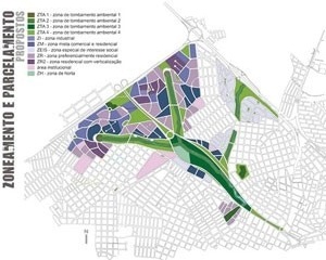 Mapa do zoneamento e parcelamento do solo proposto para a região<br />Imagem dos autores do projeto 