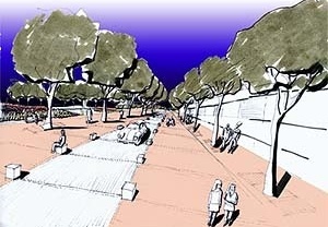 Pavimentação de toda a praça cívica restringindo o trânsito de veículos a pequenas vias definidas por marcos intervalados em concreto