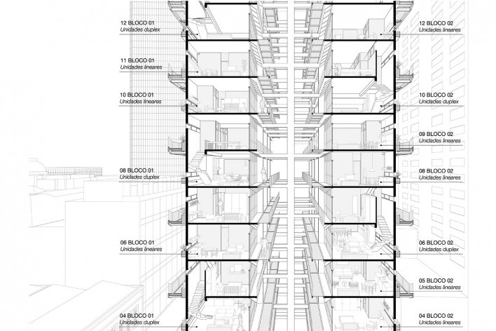 Proposta de apropriação para o Edifício Garagem do Carmo, corte perspectivado, Rio de Janeiro RJ Brasil, 2021. Arquiteta Maria Vitória Netto Martins<br />Elaboração Maria Vitória Netto Martins 