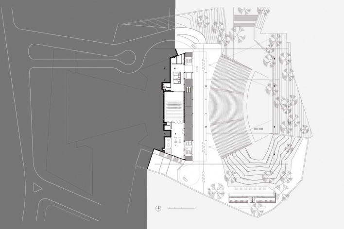 Complexo Teatro Castro Alves, planta piso -4 Coro. Conexão vertical de integração completa, Salvador, 5º lugar concurso. GrupoSP e Núcleo Arquitetura, 2010<br />Desenho escritório 