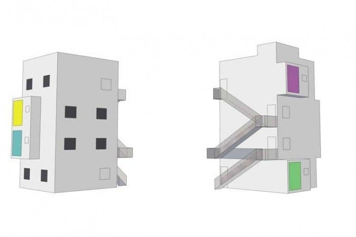 Elevação dos prédios residenciais. (cozinha e área de serviço possuem aberturas com cobogós coloridos)<br />Imagem da autora 