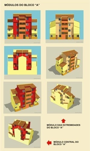 Fachadas e perspectivas - módulos centrais e das extremidades do bloco A<br />Imagem dos autores do projeto 