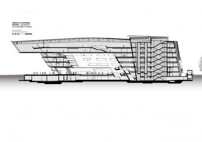 Biblioteca e Centro de Aprendizagem, Universidade de Economia e Negógios de Viena, corte longitudinal. Zaha Hadid Architects