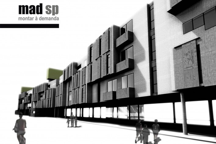 Perspectiva – vista posterior. Concurso Habitação para Todos.CDHU. Edifícios de 4 pavimentos- 2º lugar.<br />Autores do projeto  [equipe premiada]