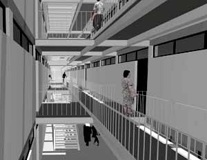 Perspectiva da varanda de acesso aos apartamentos<br />Imagem dos autores do projeto 