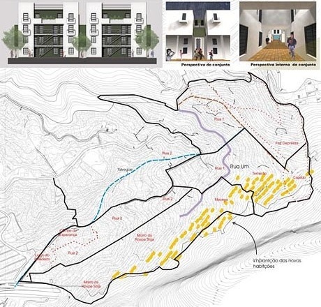 Implantação das novas residências – fachadas e perspectivas da tipologia 01<br />Imagem do autor do projeto 