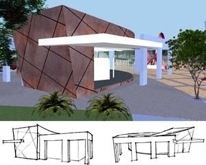 Perspectiva digital da galeria e os croquis de estudo volumétrico
  	  	 <br />Imagem do autor do projeto 