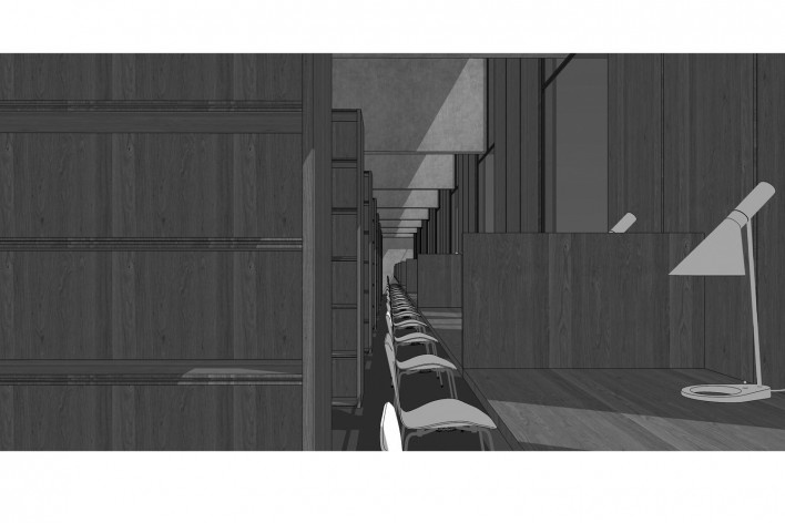 Saint Catherine's College, vista interior de la biblioteca, Oxford, Inglaterra, 1959-1964, arquitecto Arne Jacobsen<br />Modelo tridimensional de Edson Mahfuz e Ana Karina Christ 