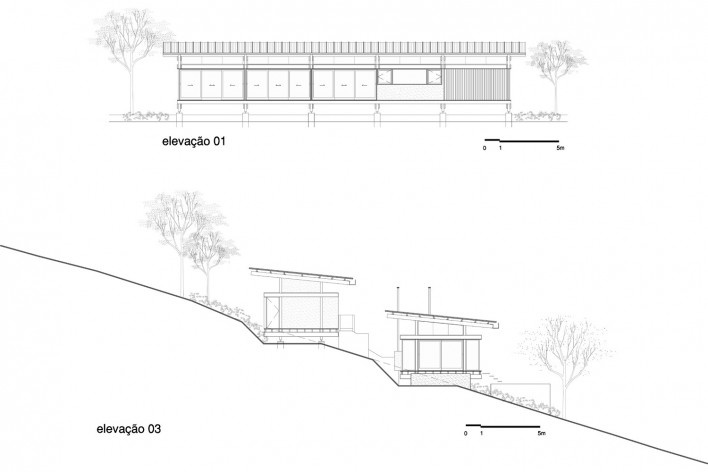 Casa em Gonçalves, elevações 01 e 03, Gonçalves MG Brasil, 2012-2013. Arquiteto André Vainer / André Vainer Arquitetos<br />Imagem divulgação  [Acervo André Vainer Arquitetos]