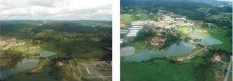 À esquerda, várzea do rio Cotia, com indústrias ocupando áreas adjacentes ao rio; à direita, várzea do rio Cotia, com áreas não edificadas, utilizada por pesqueiros<br />Imagem dos autores do projeto 