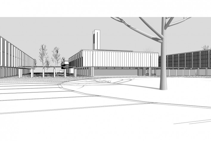 Saint Catherine’s College, vista do quad, sem cerca viva, Oxford, Inglaterra, 1959-1964, arquiteto Arne Jacobsen<br />Modelo tridimensional de Edson Mahfuz e Ana Karina Christ 