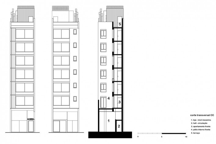 Edifício Península, elevações e corte transversal, Porto Alegre, Brasil, 2013. Arquitetos Cristiano Kunze e Nathalia Cantergiani